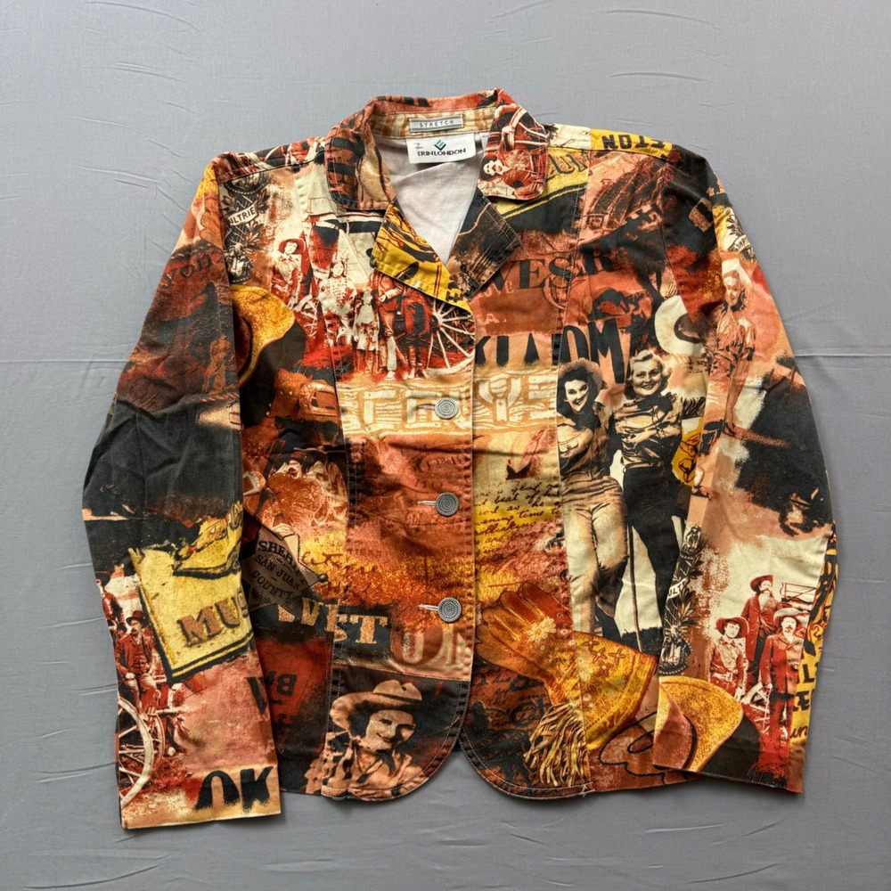 Erin London Womens Western Collage Print Stretch Jacket Cowboy Graphic‎ Medium